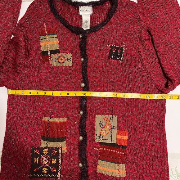 Vintage Granny Cardigan Sweater Burgundy Size 1X Embroidered Patchwork Fur Trim - Picture 9 of 10